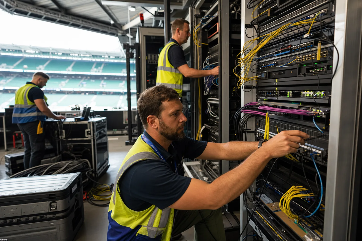 Event network engineers commissioning infrastructure inside a stadium