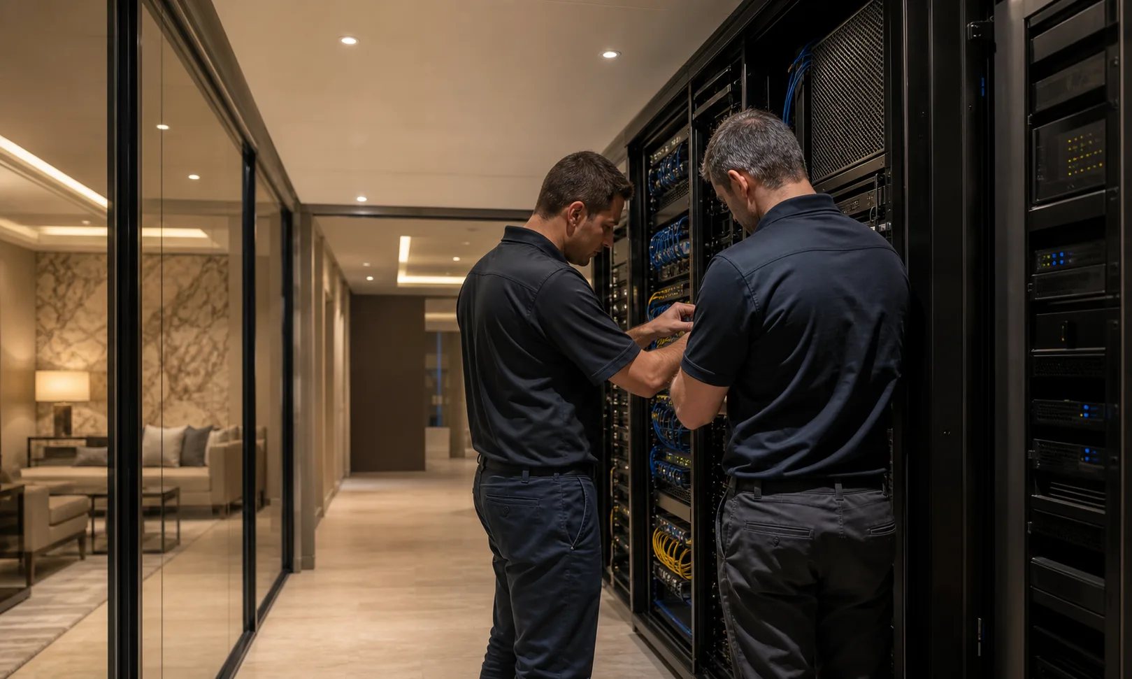 Hospitality technology engineers commissioning hotel network systems