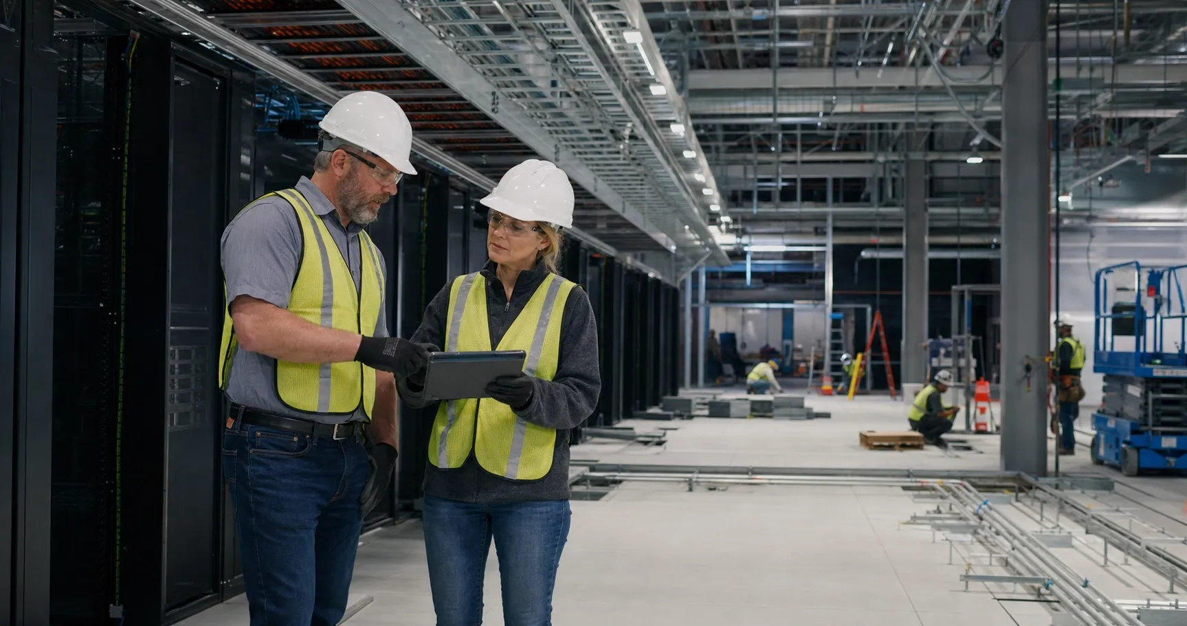 Project managers coordinating work inside a data center construction site