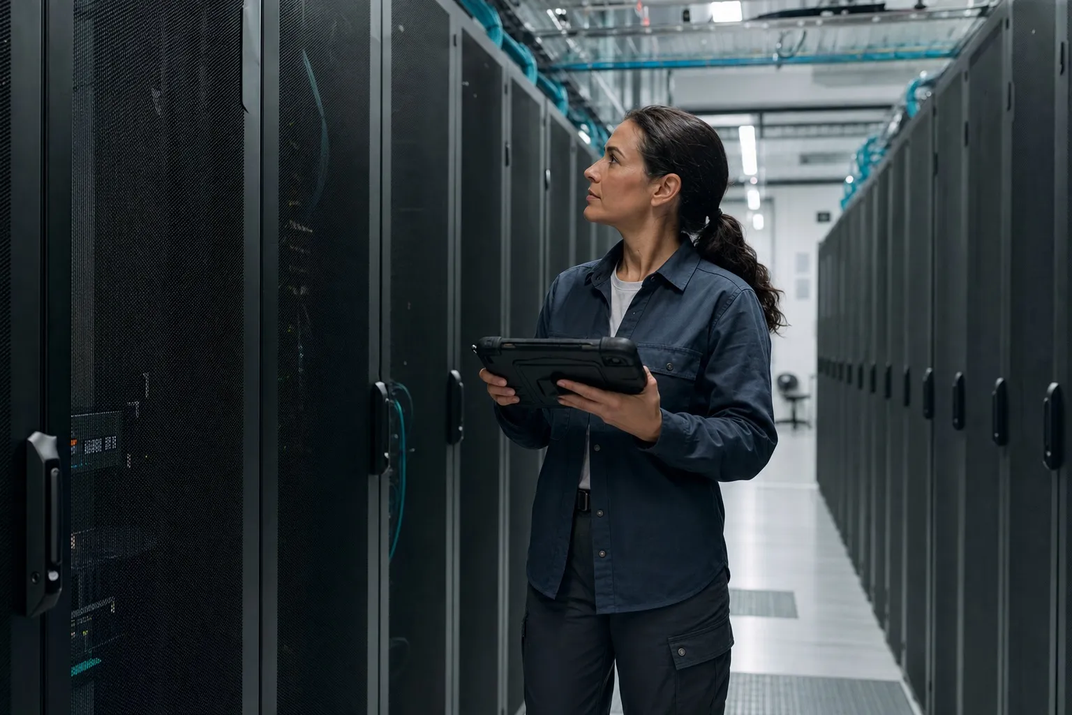 Facility operations technician inspecting equipment in a data center aisle