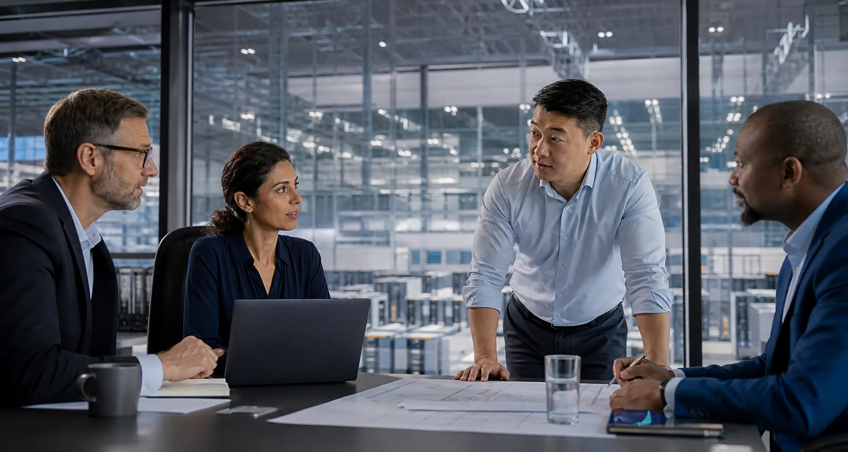 Infrastructure leadership team collaborating beside a data center