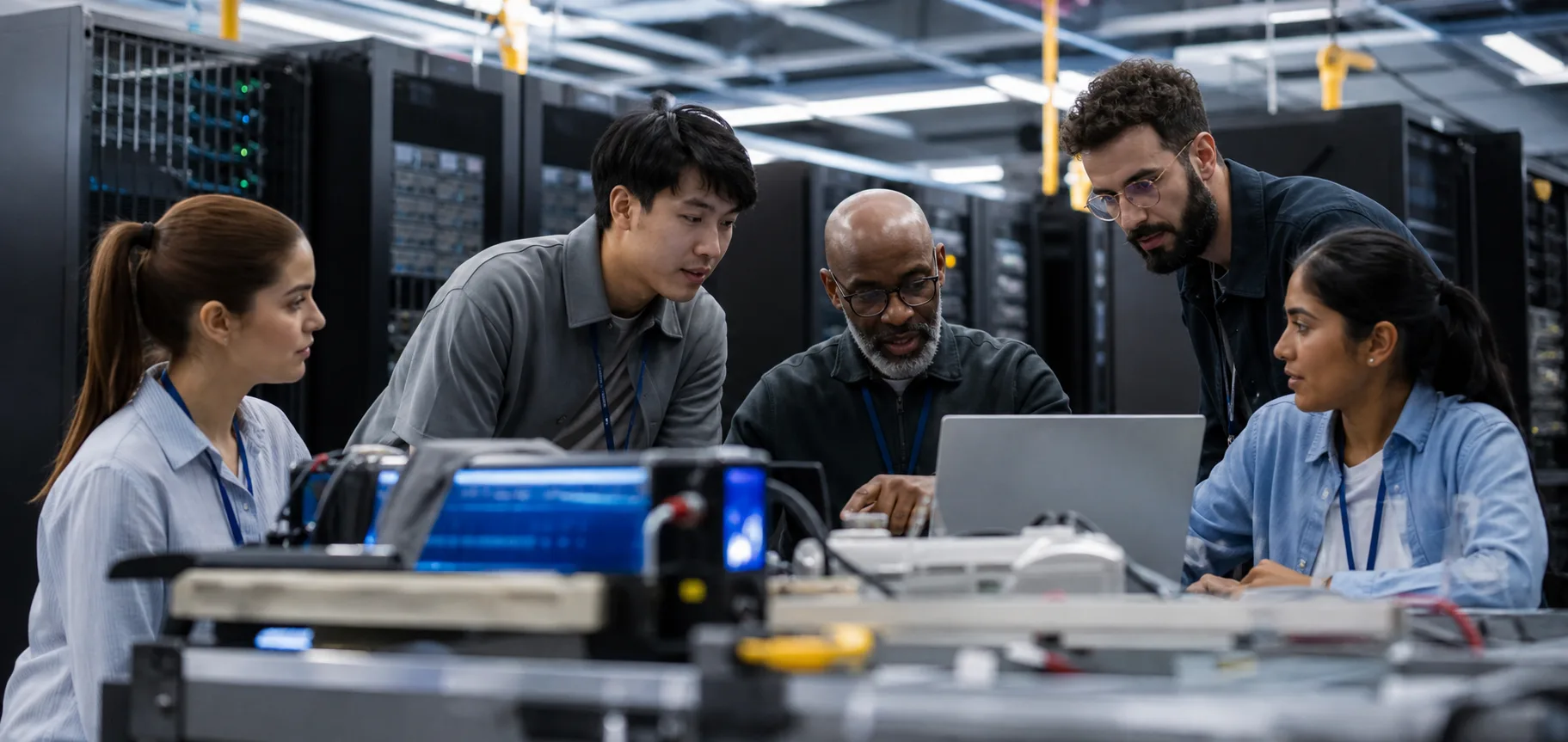 Data center professionals collaborating during technical training