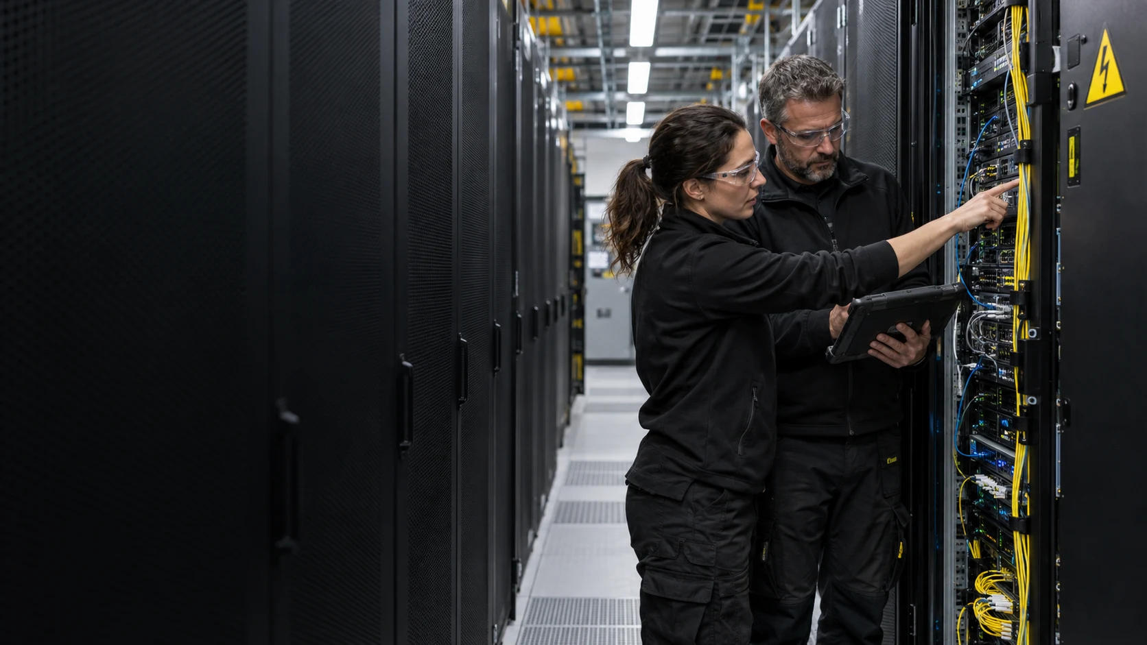 Two field engineers diagnosing rack infrastructure in a modern data center aisle