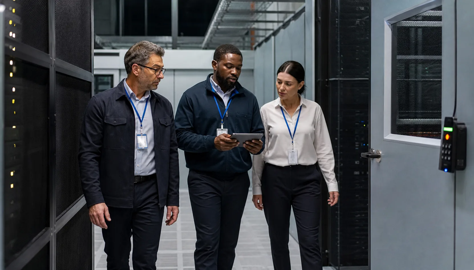 Public-sector infrastructure engineers walking through a secure data center